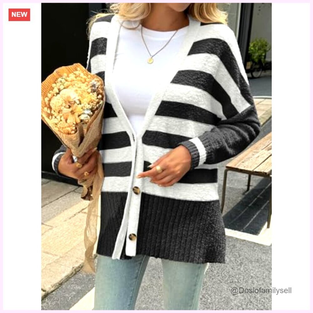 Oversized Fuzzy Knit Cardigan, V-Neck Button Up, Side Slit, Fall Winter Sweater - Picture 3 of 7